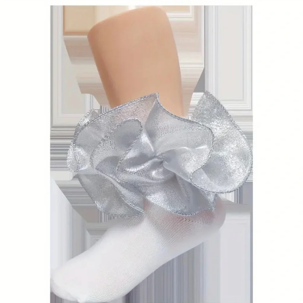 A Pair Of Girl's Solid Colour Crew Socks With Golden & Silver Lace Decor